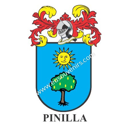 Heraldic keychain - PINILLA - Personalized with surname, family crest and brief description of the genealogical origin.