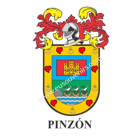 Heraldic keychain - PINZON - Personalized with surname, family crest and brief description of the genealogical origin.