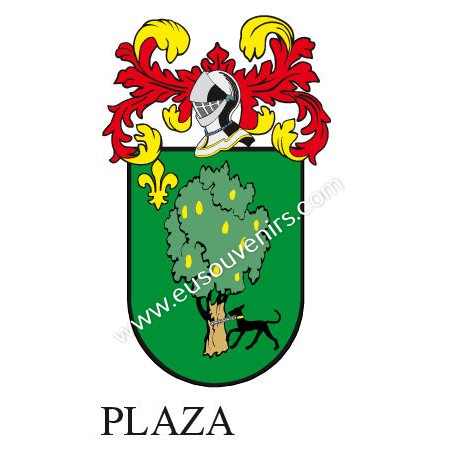 Heraldic keychain - PLAZA - Personalized with surname, family crest and brief description of the genealogical origin.