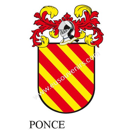Heraldic keychain - PONCE - Personalized with surname, family crest and brief description of the genealogical origin.