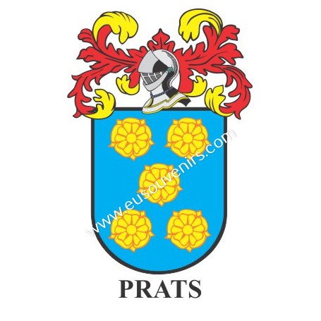 Heraldic keychain - PRATS - Personalized with surname, family crest and brief description of the genealogical origin.