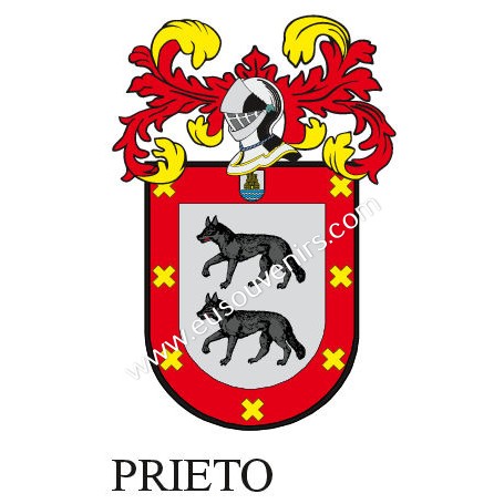 Porte-clés héraldique - PRIETO - Personnalisé avec le nom, l'écusson de la famille et une brève description de l'origine généalo