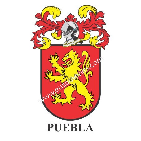 Heraldic keychain - PUEBLA - Personalized with surname, family crest and brief description of the genealogical origin.
