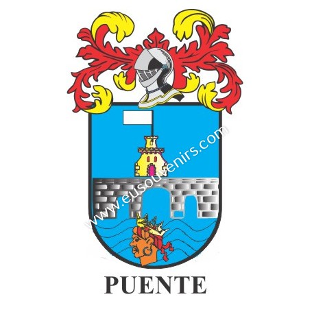 Heraldic keychain - PUENTE - Personalized with surname, family crest and brief description of the genealogical origin.