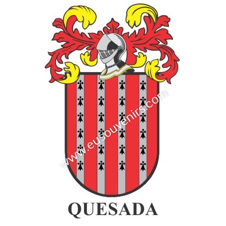 Llavero heráldico - QUESADA - Personalizado con apellido, escudo de la familia y breve descripción del origen genealógico.