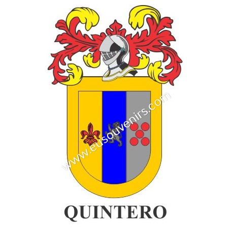 Heraldic keychain - QUINTERO - Personalized with surname, family crest and brief description of the genealogical origin.