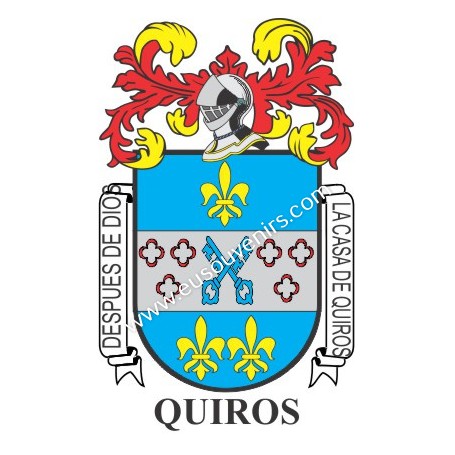Heraldic keychain - QUIROS - Personalized with surname, family crest and brief description of the genealogical origin.