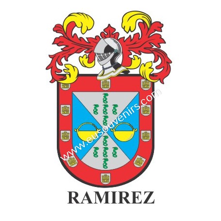 Heraldic keychain - RAMIREZ - Personalized with surname, family crest and brief description of the genealogical origin.