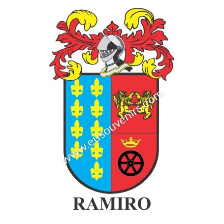 Porte-clés héraldique - RAMIRO - Personnalisé avec le nom, l'écusson de la famille et une brève description de l'origine généalo