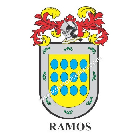 Porte-clés héraldique - RAMOS - Personnalisé avec le nom, l'écusson de la famille et une brève description de l'origine généalog