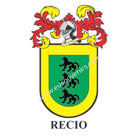 Heraldic keychain - RECIO - Personalized with surname, family crest and brief description of the genealogical origin.