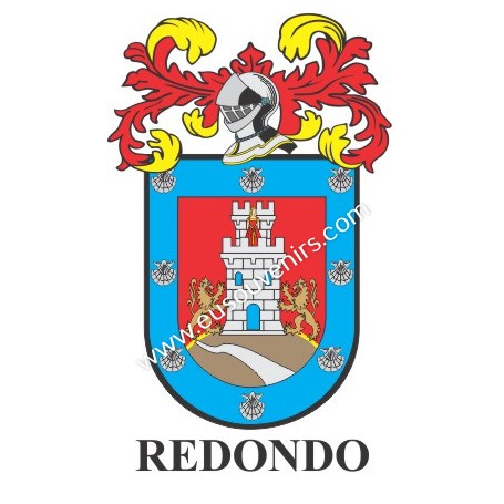 Heraldic keychain - REDONDO - Personalized with surname, family crest and brief description of the genealogical origin.