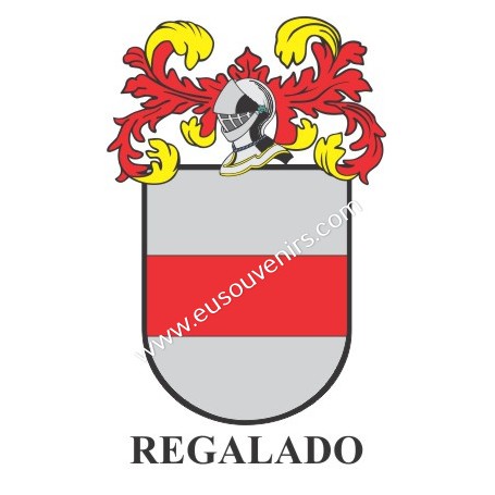 Heraldic keychain - REGALADO - Personalized with surname, family crest and brief description of the genealogical origin.