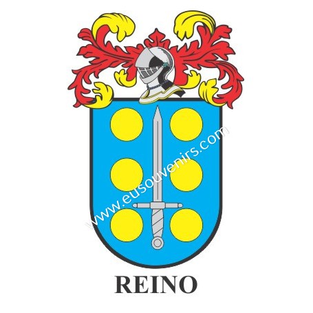Heraldic keychain - REINO - Personalized with surname, family crest and brief description of the genealogical origin.