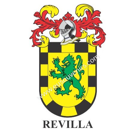 Porte-clés héraldique - REVILLA - Personnalisé avec le nom, l'écusson de la famille et une brève description de l'origine généal