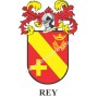 Llavero heráldico - REY - Personalizado con apellido, escudo de la familia y breve descripción del origen genealógico.