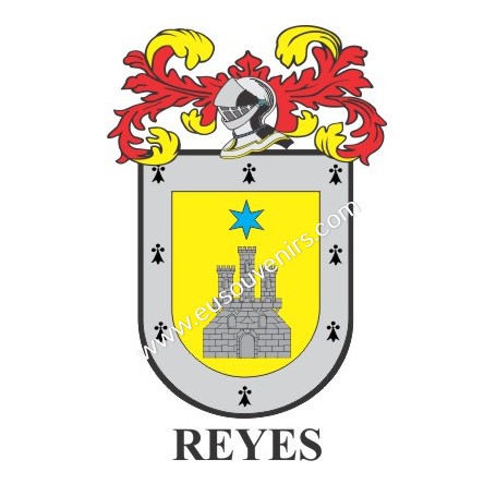 Heraldic keychain - REYES - Personalized with surname, family crest and brief description of the genealogical origin.