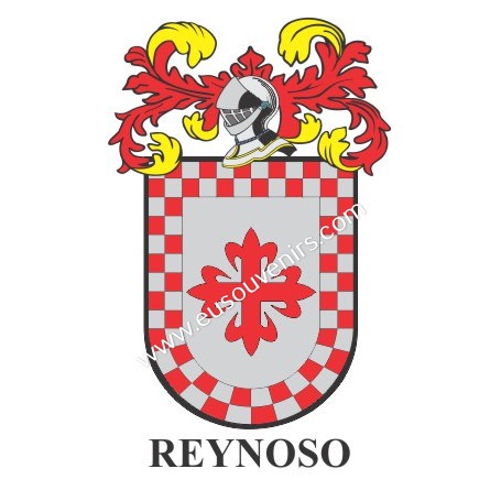 Heraldic keychain - REYNOSO - Personalized with surname, family crest and brief description of the genealogical origin.