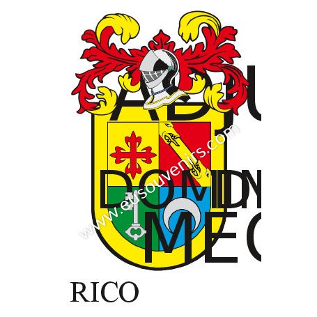 Llavero heráldico - RICO - Personalizado con apellido, escudo de la familia y breve descripción del origen genealógico.