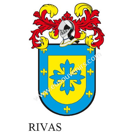 Heraldic keychain - RIVAS - Personalized with surname, family crest and brief description of the genealogical origin.