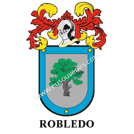 Llavero heráldico - ROBLEDO - Personalizado con apellido, escudo de la familia y breve descripción del origen genealógico.