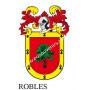 Heraldic keychain - ROBLES - Personalized with surname, family crest and brief description of the genealogical origin.