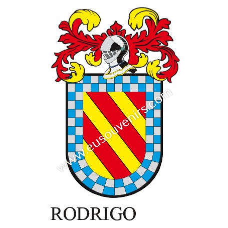Heraldic keychain - RODRIGO - Personalized with surname, family crest and brief description of the genealogical origin.
