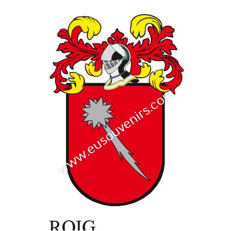 Llavero heráldico - ROIG - Personalizado con apellido, escudo de la familia y breve descripción del origen genealógico.