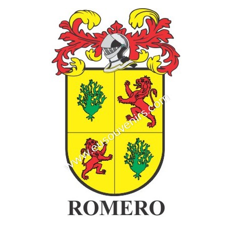 Porte-clés héraldique - ROMERO - Personnalisé avec le nom, l'écusson de la famille et une brève description de l'origine généalo
