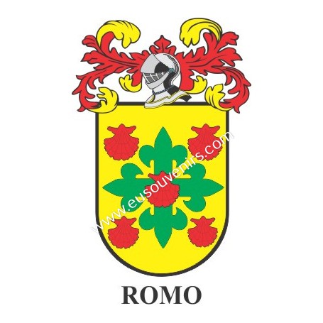 Heraldic keychain - ROMO - Personalized with surname, family crest and brief description of the genealogical origin.