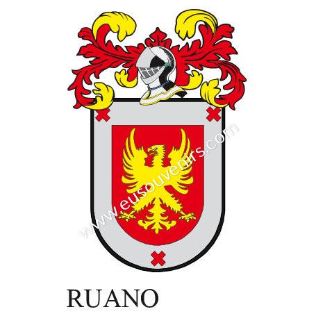 Porte-clés héraldique - RUANO - Personnalisé avec le nom, l'écusson de la famille et une brève description de l'origine généalog