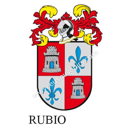 Llavero heráldico - RUBIO - Personalizado con apellido, escudo de la familia y breve descripción del origen genealógico.