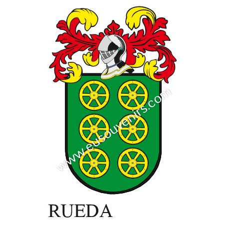 Heraldic keychain - RUEDA - Personalized with surname, family crest and brief description of the genealogical origin.