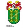 Llavero heráldico - RUEDA - Personalizado con apellido, escudo de la familia y breve descripción del origen genealógico.