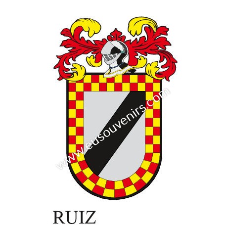 Llavero heráldico - RUIZ - Personalizado con apellido, escudo de la familia y breve descripción del origen genealógico.