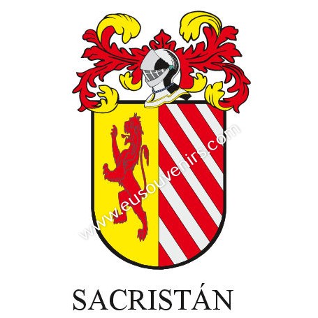 Heraldic keychain - SACRISTAN - Personalized with surname, family crest and brief description of the genealogical origin.