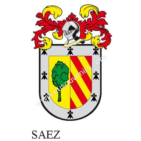 Llavero heráldico - SAEZ - Personalizado con apellido, escudo de la familia y breve descripción del origen genealógico.