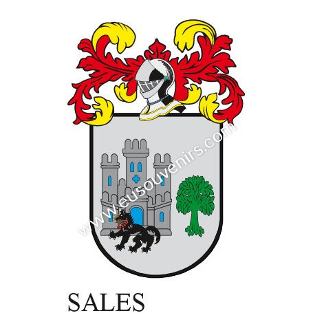 Llavero heráldico - SALES - Personalizado con apellido, escudo de la familia y breve descripción del origen genealógico.