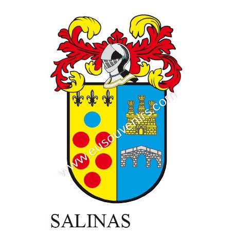 Heraldic keychain - SALINAS - Personalized with surname, family crest and brief description of the genealogical origin.