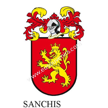 Heraldic keychain - SANCHIS - Personalized with surname, family crest and brief description of the genealogical origin.