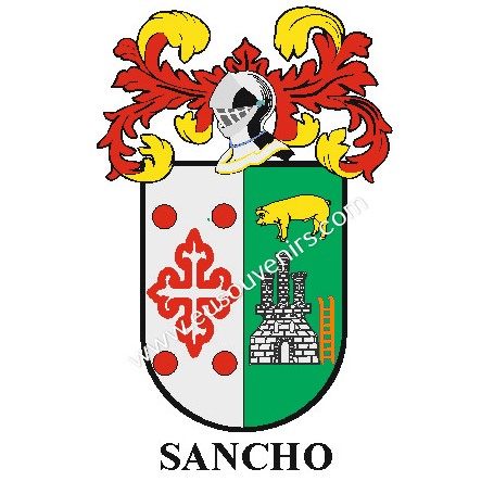 Heraldic keychain - SANCHO - Personalized with surname, family crest and brief description of the genealogical origin.
