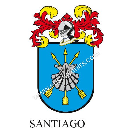 Heraldic keychain - SANTIAGO - Personalized with surname, family crest and brief description of the genealogical origin.