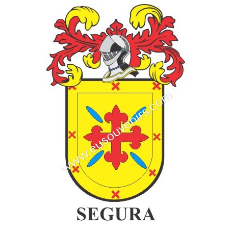 Heraldic keychain - SEGURA - Personalized with surname, family crest and brief description of the genealogical origin.
