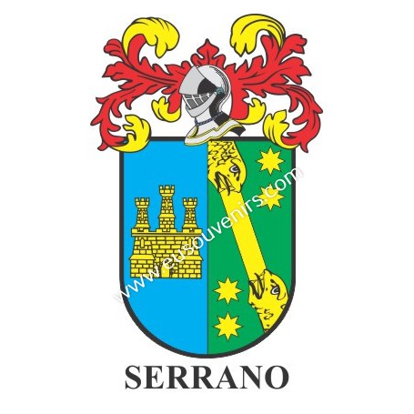 Heraldic keychain - SERRANO - Personalized with surname, family crest and brief description of the genealogical origin.