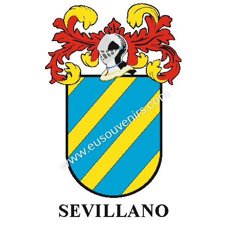 Heraldic keychain - SEVILLANO - Personalized with surname, family crest and brief description of the genealogical origin.