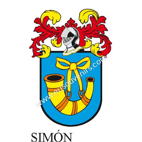 Llavero heráldico - SIMON - Personalizado con apellido, escudo de la familia y breve descripción del origen genealógico.
