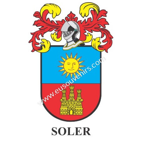 Porte-clés héraldique - SOLER - Personnalisé avec le nom, l'écusson de la famille et une brève description de l'origine généalog
