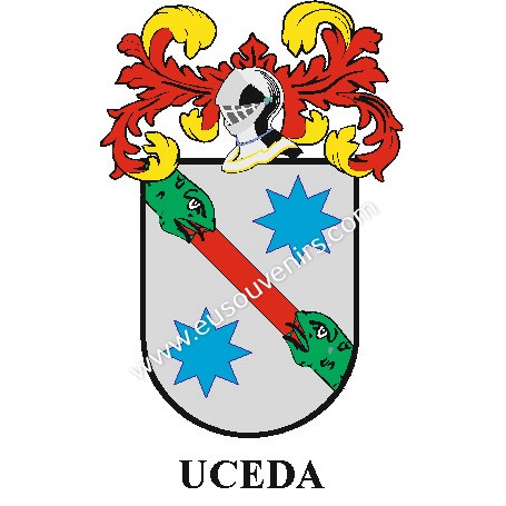 Heraldic keychain - UCEDA - Personalized with surname, family crest and brief description of the genealogical origin.
