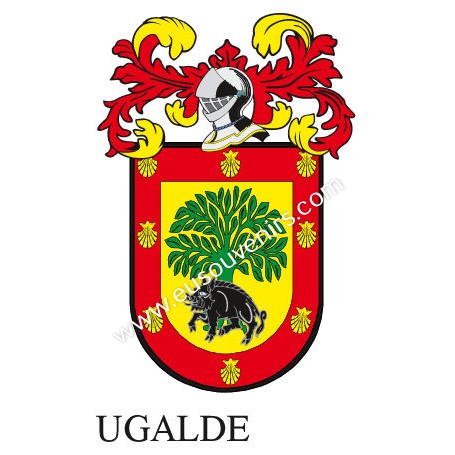 Heraldic keychain - UGALDE - Personalized with surname, family crest and brief description of the genealogical origin.