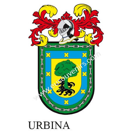 Llavero heráldico - URBINA - Personalizado con apellido, escudo de la familia y breve descripción del origen genealógico.